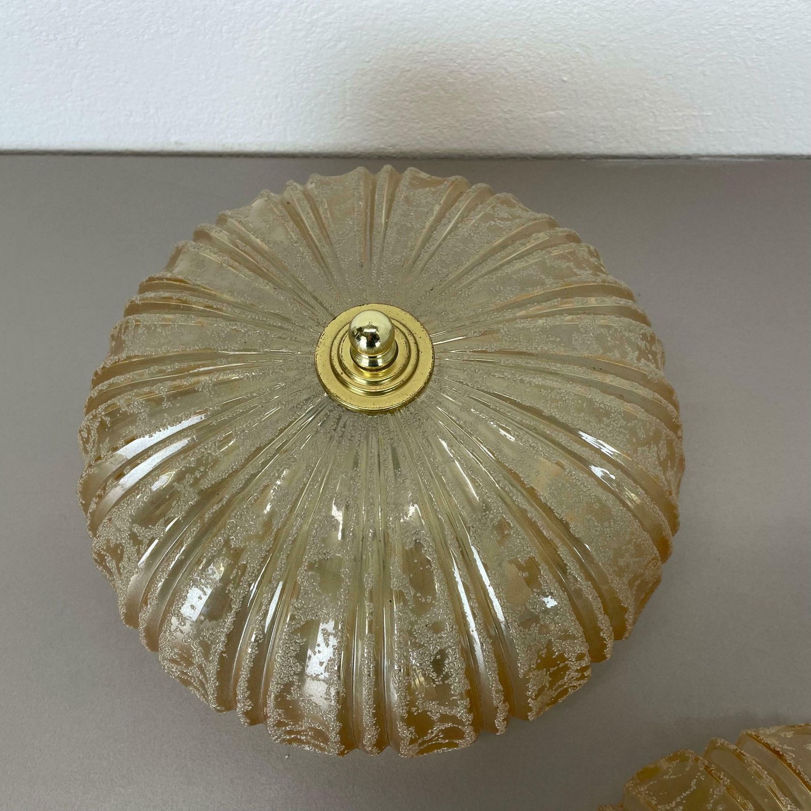 Set Of 2 Beautiful 27cm Textured Amber Glass Wall Ceiling Lights, Germany, 1970s photo vintage