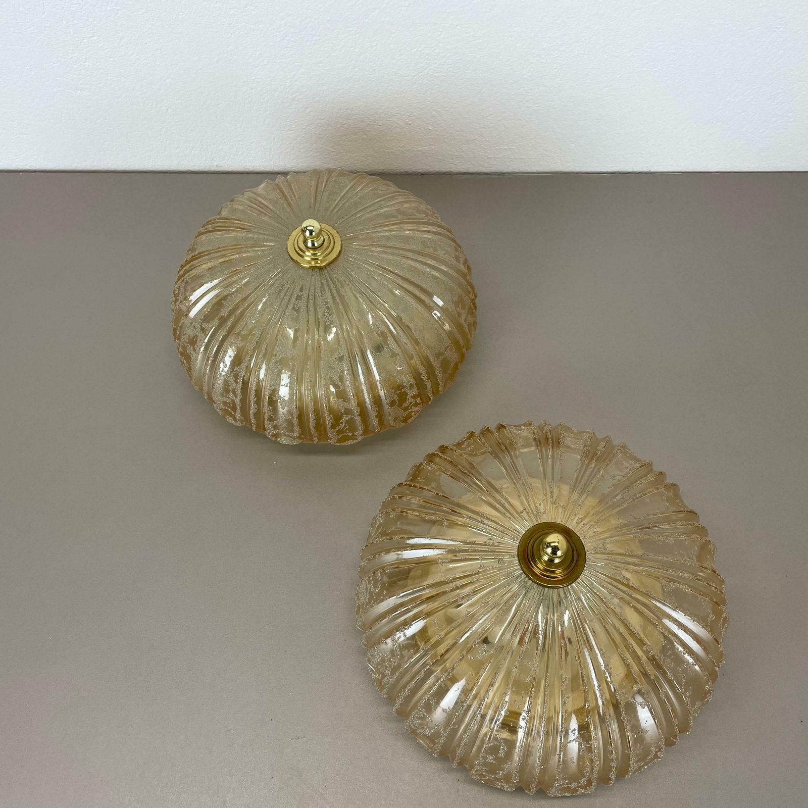 photo for sale Set Of 2 Beautiful 27cm Textured Amber Glass Wall Ceiling Lights, Germany, 1970s
