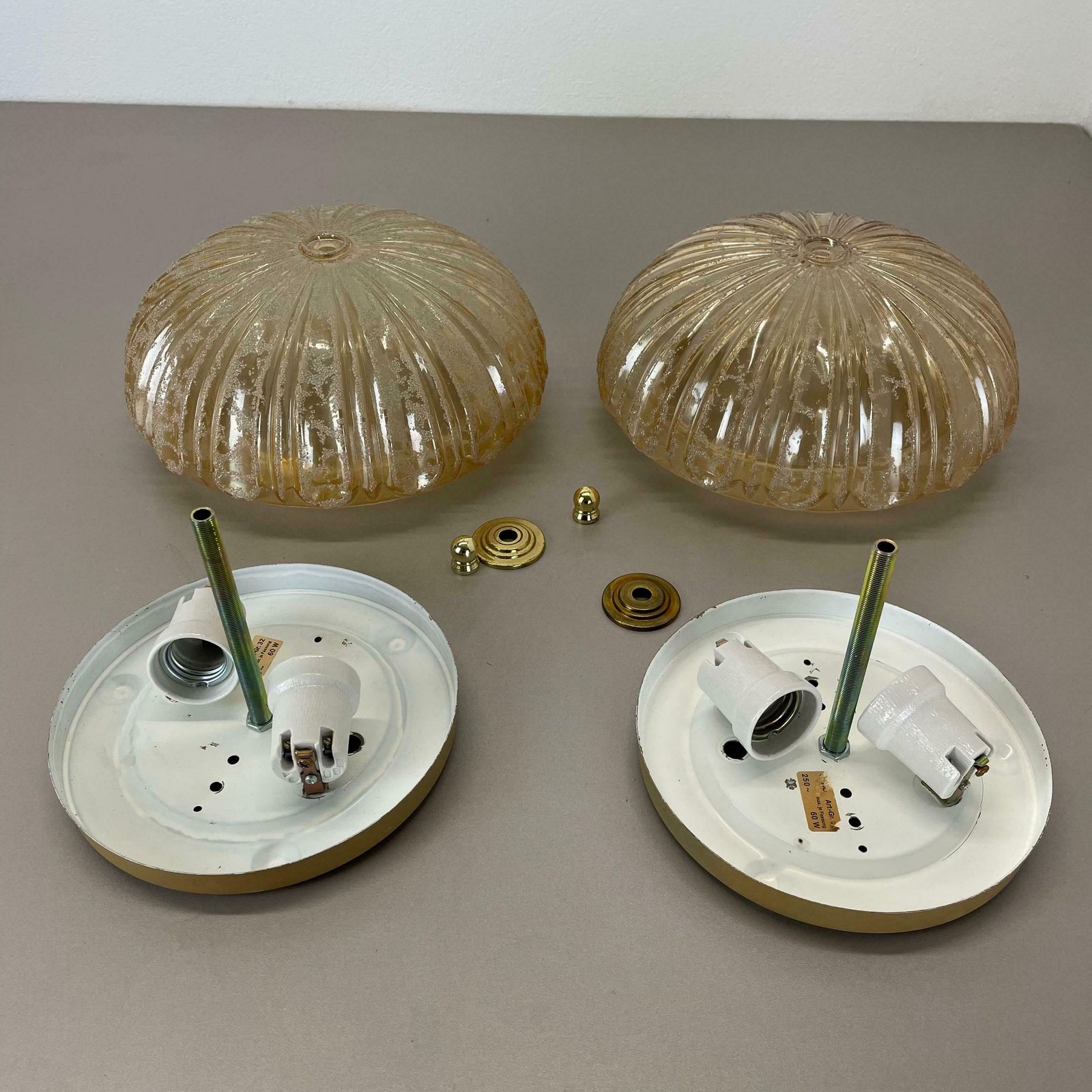 Lighting Set Of 2 Beautiful 27cm Textured Amber Glass Wall Ceiling Lights, Germany, 1970s photo