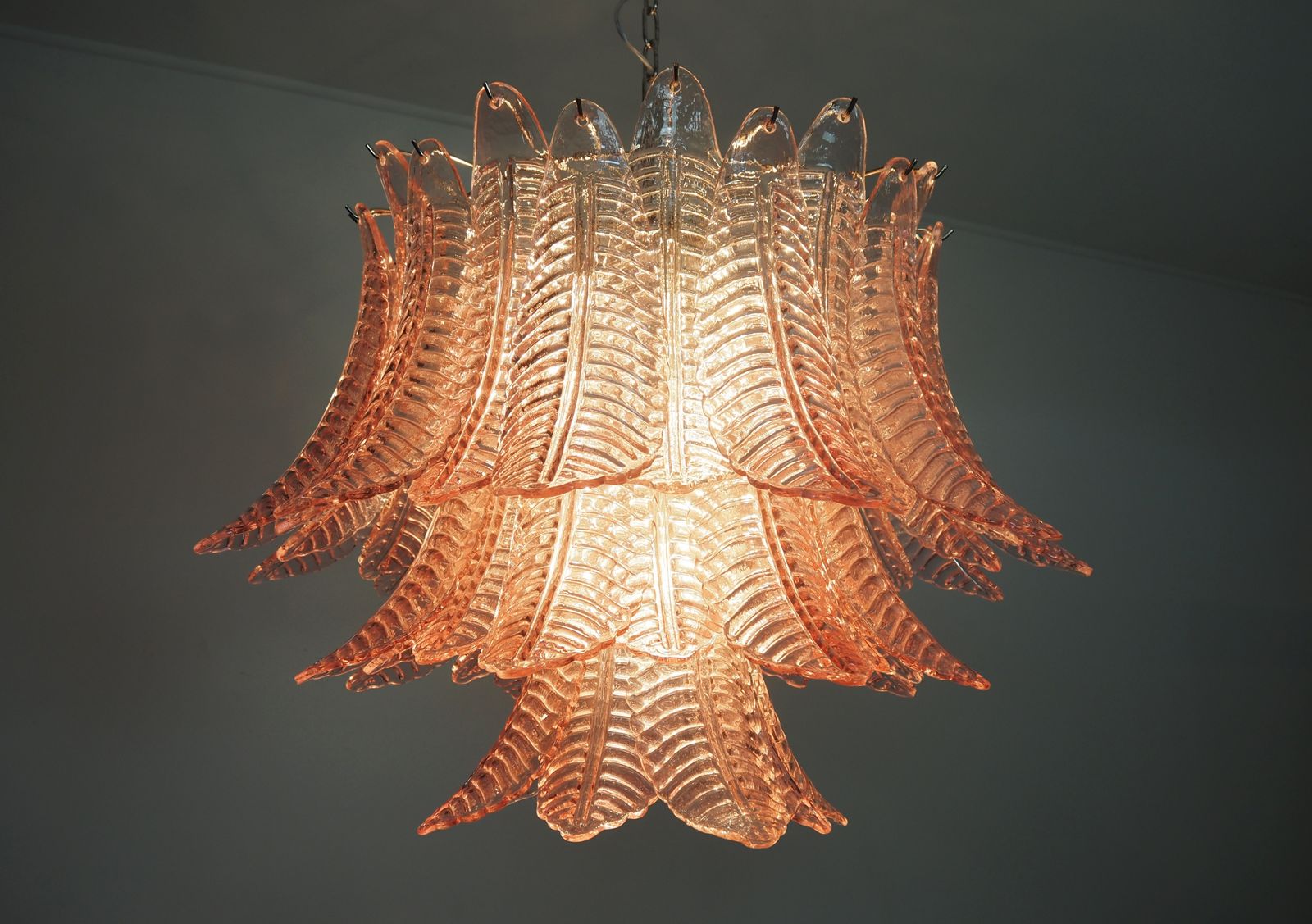photo for sale Italian Murano Three Tier Pink Felci Glass Chandelier
