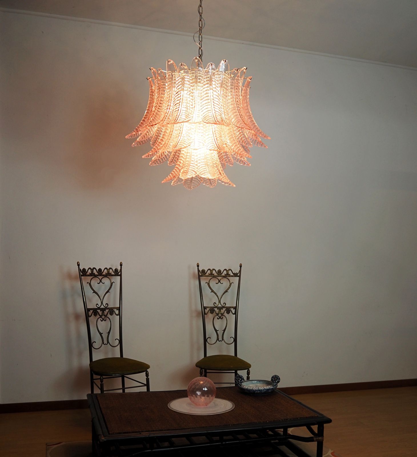 Lighting Italian Murano Three Tier Pink Felci Glass Chandelier photo