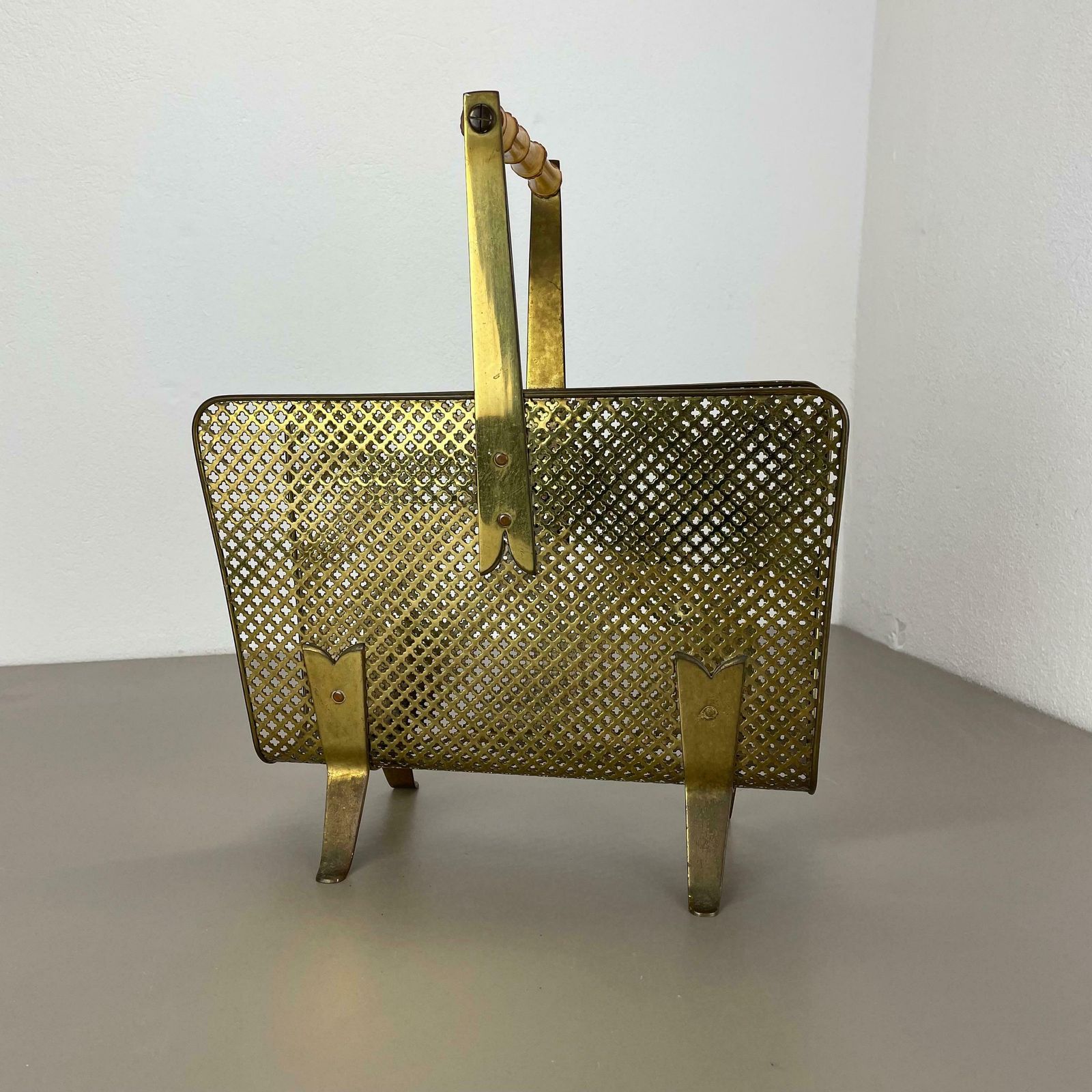 Unique Mategot Aubock Style Brass And Bamboo Magazine Holder, Austria 1950s photo for sale
