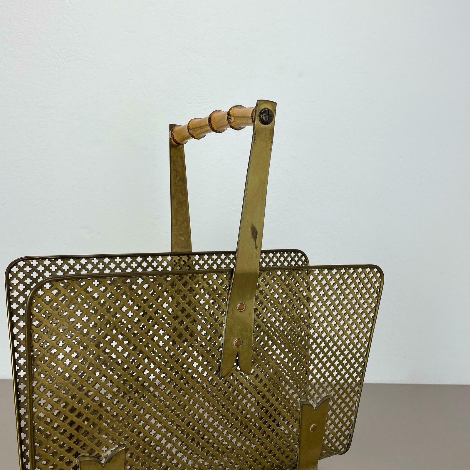 Unique Mategot Aubock Style Brass And Bamboo Magazine Holder, Austria 1950s photo vintage