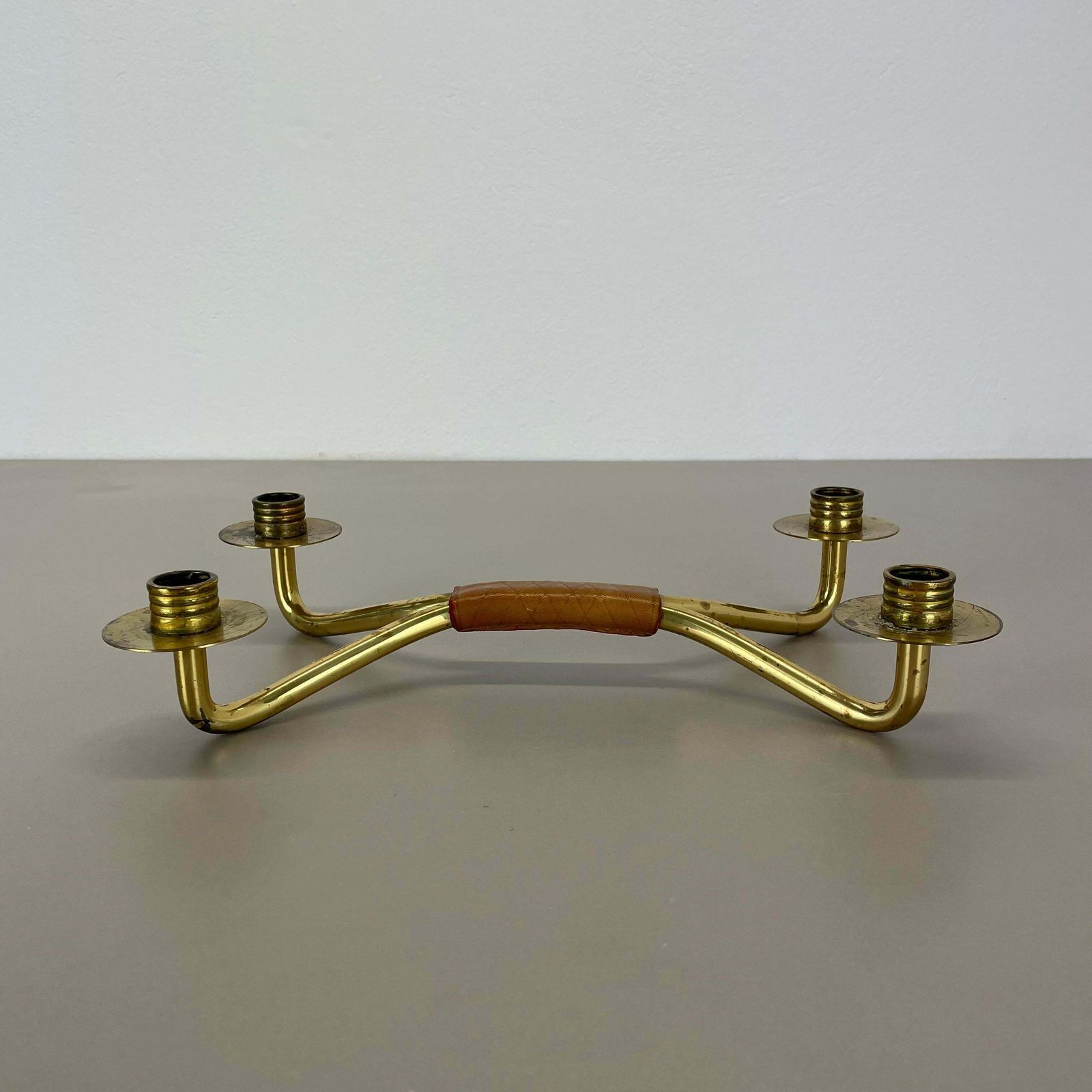 Modernist Auböck Style Brutalist Brass And Leather Candleholder, Austria 1950s photo vinterior