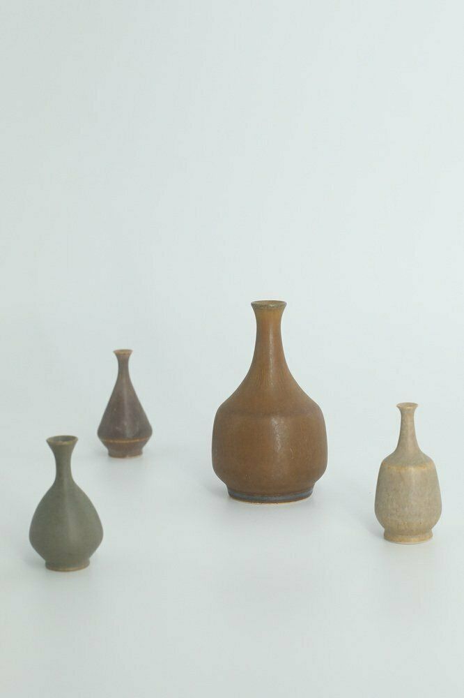 Small Mid Century Scandinavian Modern Collectible Brown Stoneware Vases By Gunnar Borg For Höganäs Ceramics, 1960s, Set Of 4 photo buy