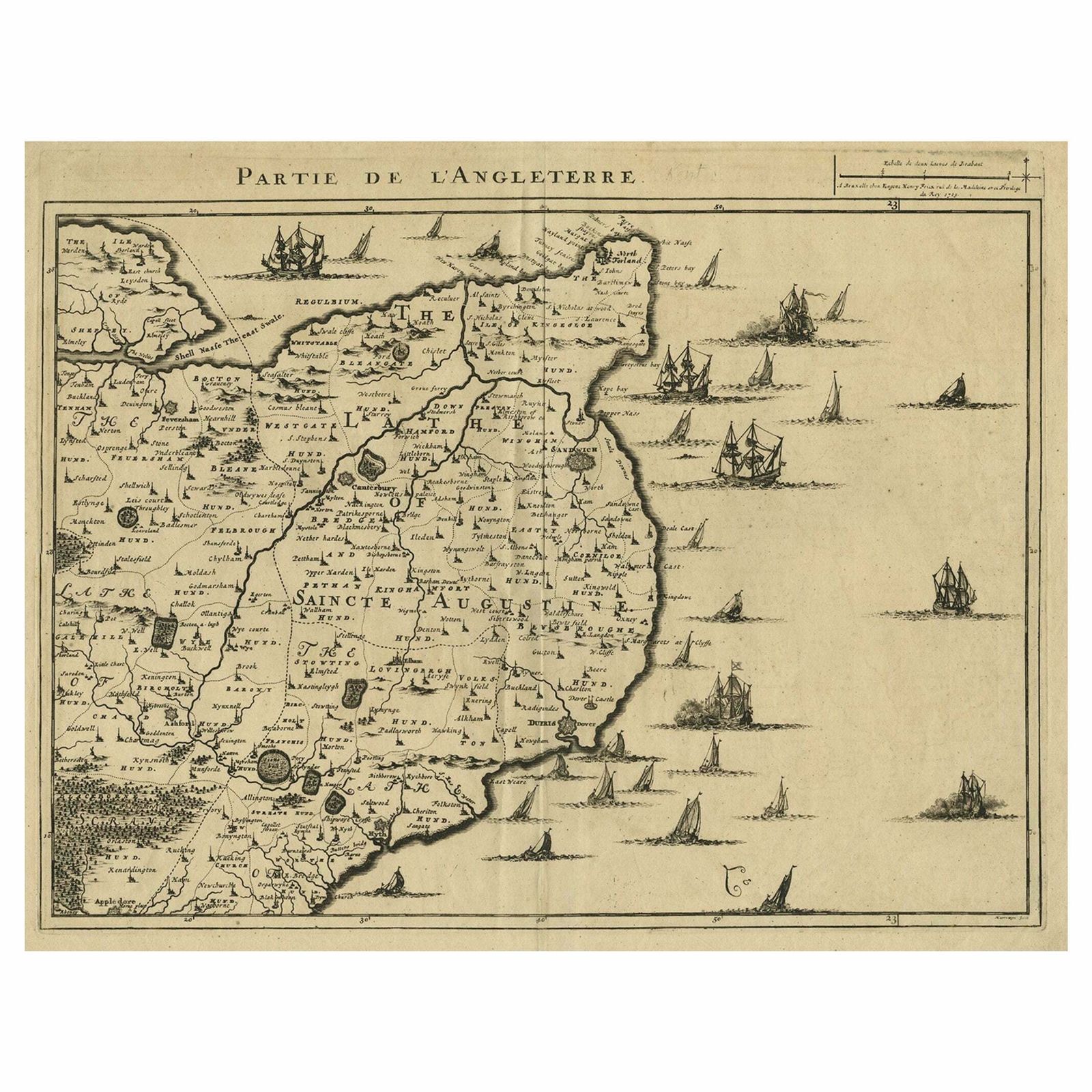 Uncommon Antique Map Of The English Channel Coastline, Ca.1709