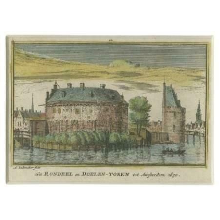 Antique Print Of The 'Rondeel' & 'Doelentoren' In Amsterdam By Rademaker, C.1730