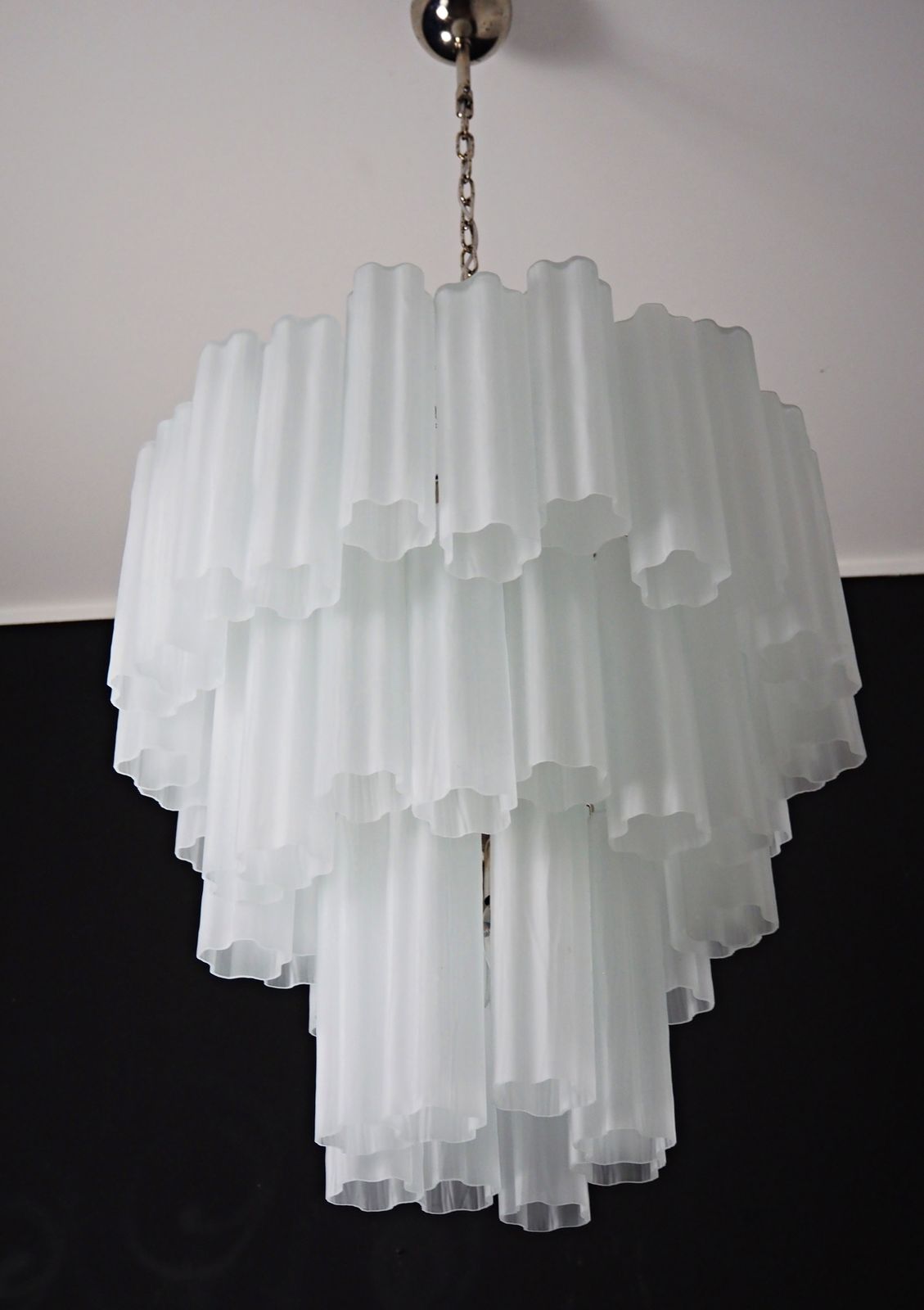 Large Three Tier Venini Murano Glass Tube Chandelier   Etched Glass