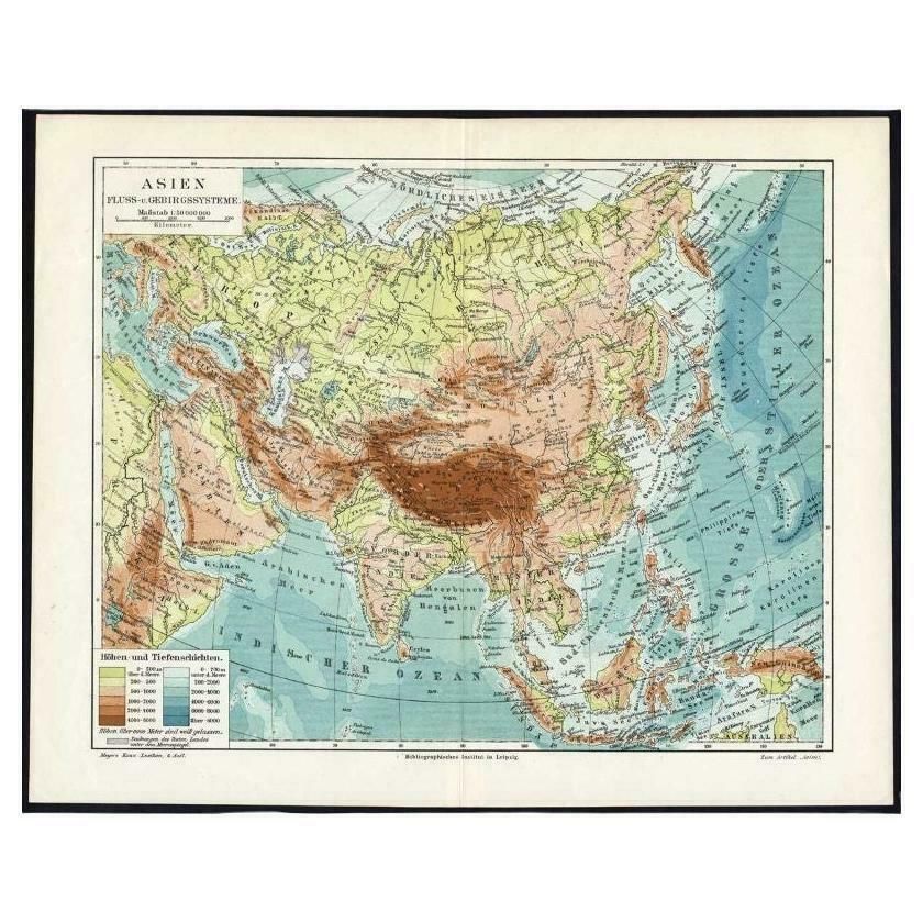 Antique Map Of The Rivers And Mountains In Asia, C.1895