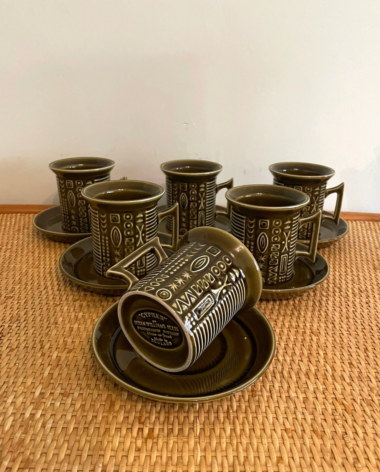60s Portmeirion Cypher 15pc Tea/Coffee Set, Iconic Mid Century Design By Susan Williams Ellis, Rare Vintage Mcm Tea Set In Retro Olive Green photo vinterior