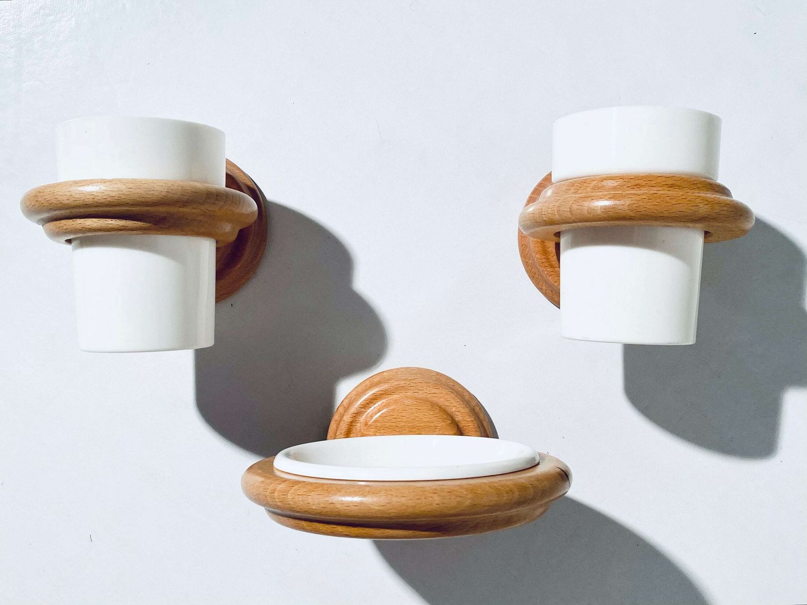 Bathroom Soap Holder & Two Cups With Wooden Wall Fixings / 1970s Danish Vintage Decor