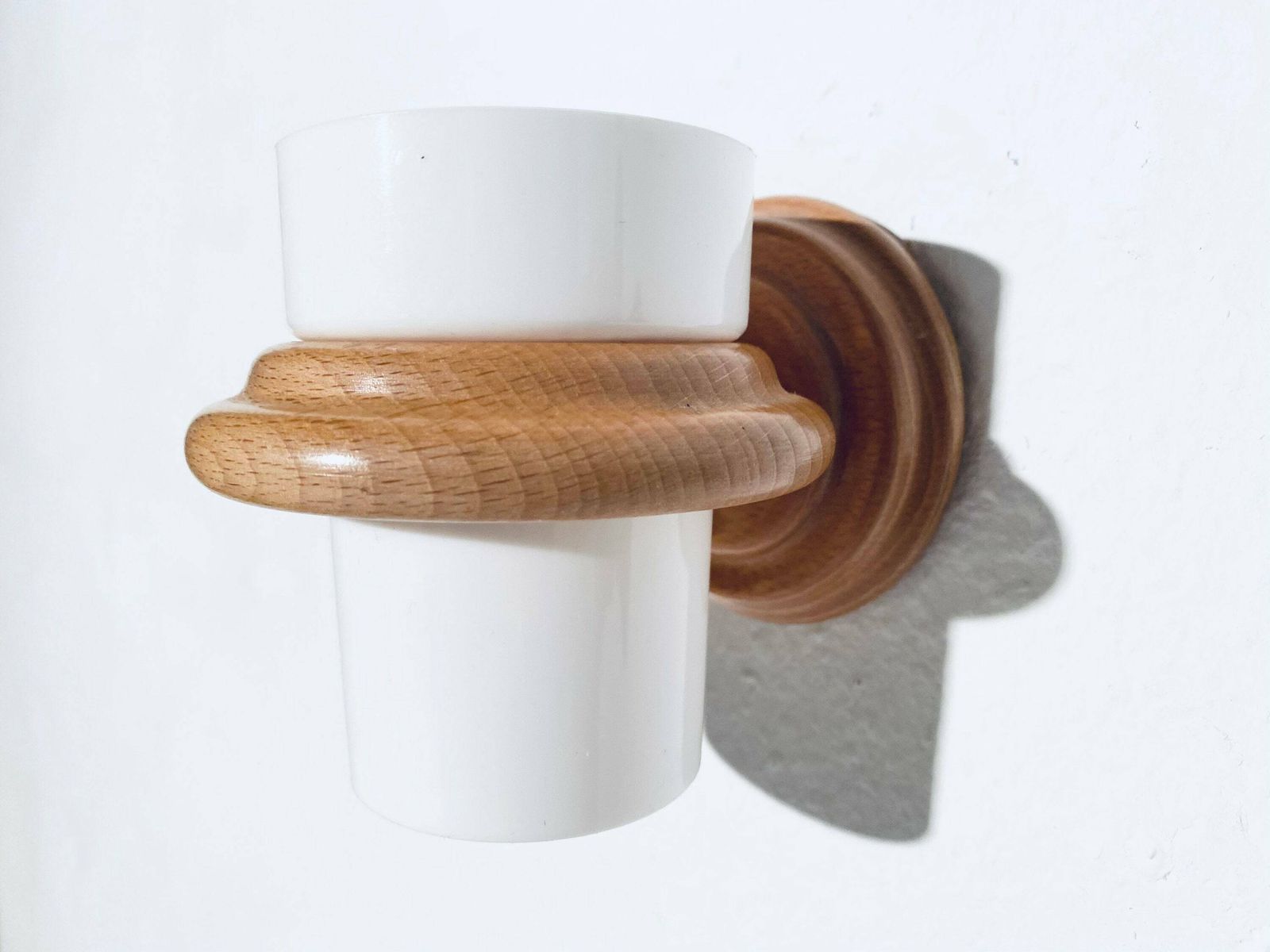 Bathroom Soap Holder & Two Cups With Wooden Wall Fixings / 1970s Danish Vintage Decor photo for sale
