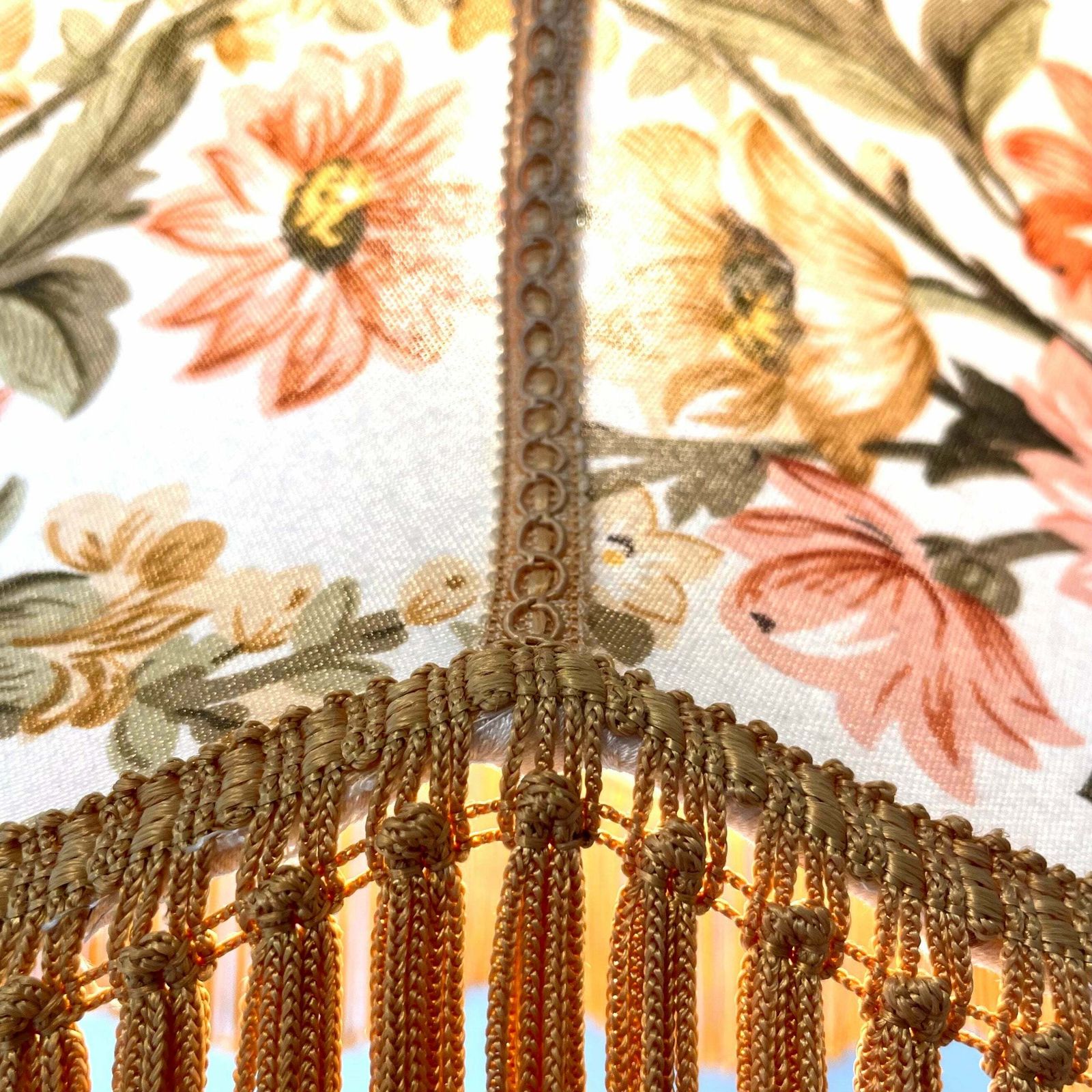 Beautiful Danish Vintage Ceiling Lamp From The 1950s With Flower Patternes Fabric Shade And Golden Fringes photo Lighting