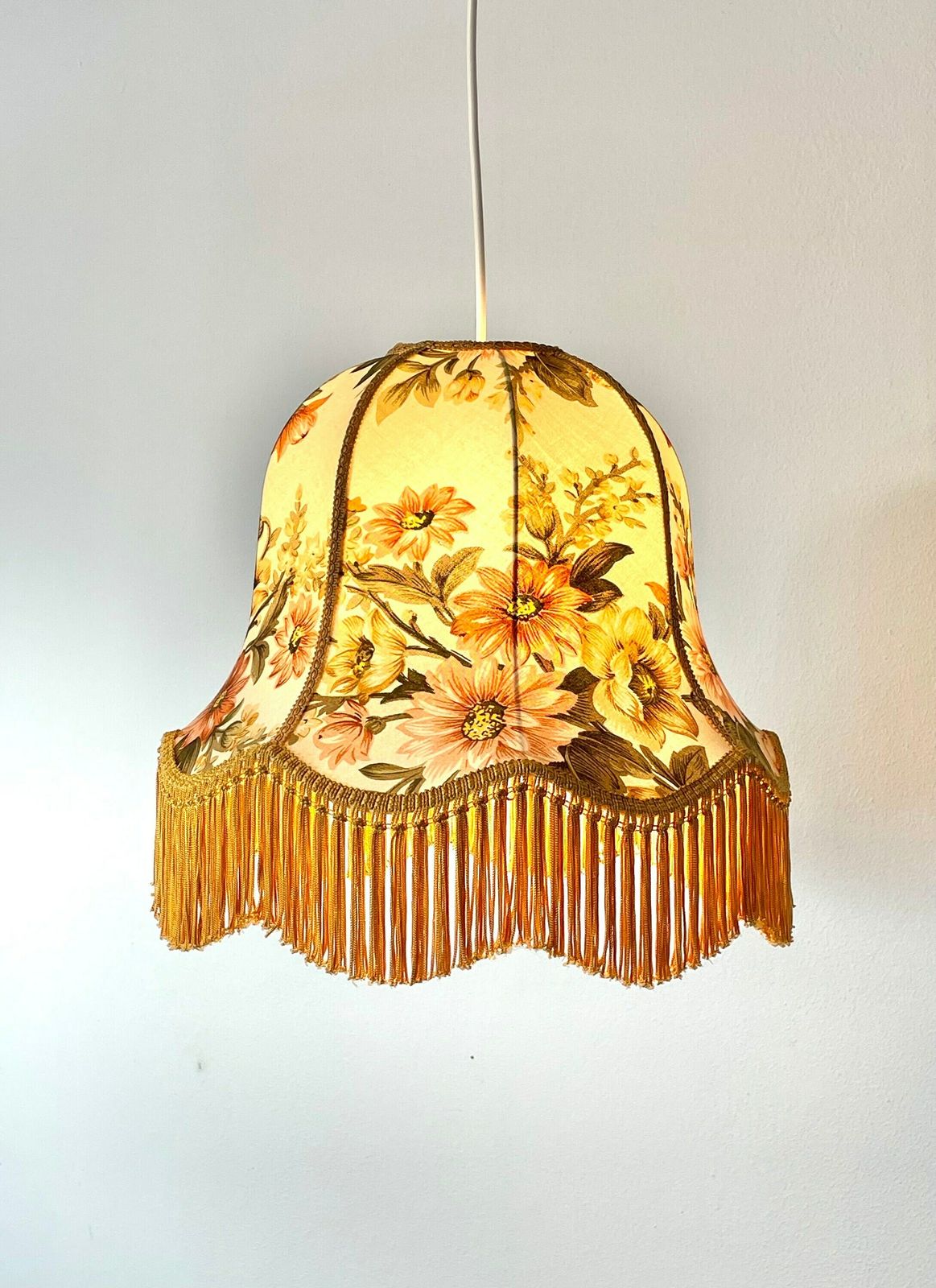 Beautiful Danish Vintage Ceiling Lamp From The 1950s With Flower Patternes Fabric Shade And Golden Fringes photo vinterior