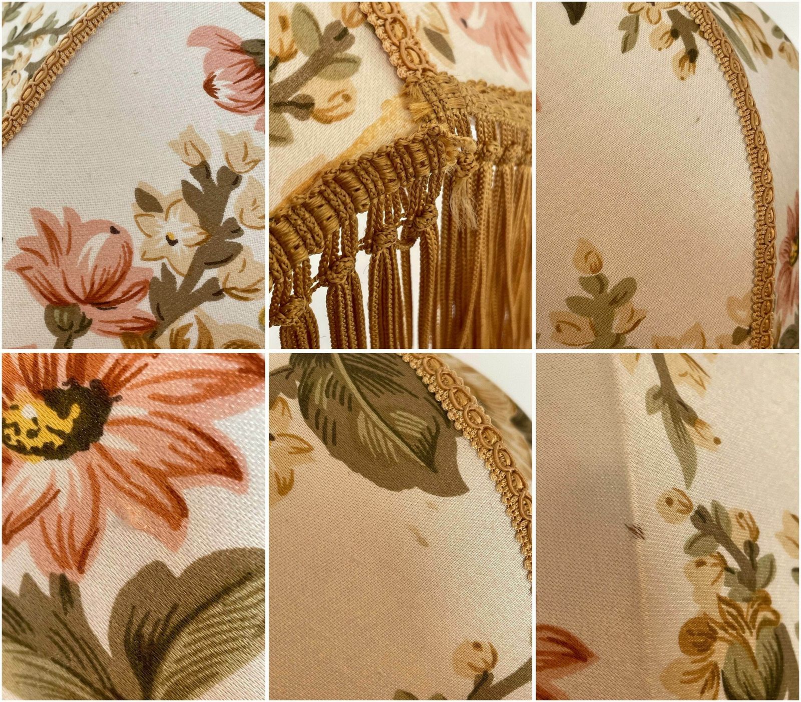 photo furniture Beautiful Danish Vintage Ceiling Lamp From The 1950s With Flower Patternes Fabric Shade And Golden Fringes