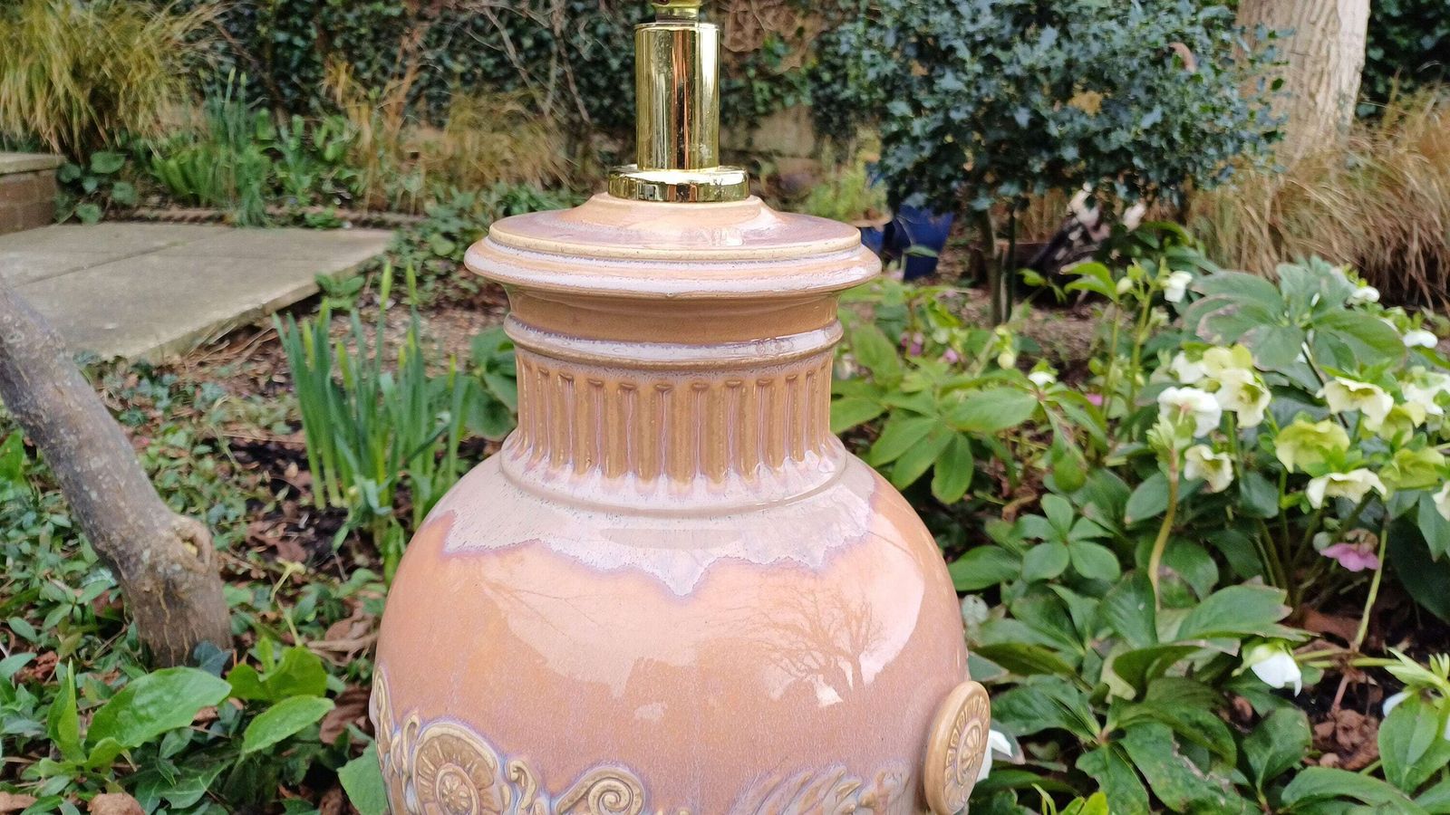 Huge Heavy Ceramic Lamp Glazed Pottery Lustre Finish And Glaze. Pleated Silk Effect Lampshade. photo vinterior