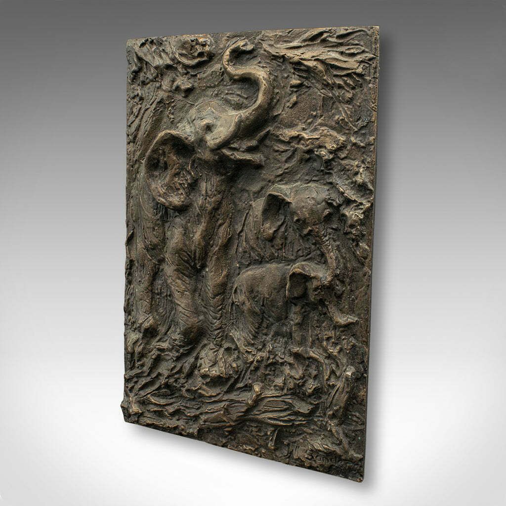 Vintage Elephant Relief Plaque English Bronze Outdoor Plate Mid Century 1960 photo for sale