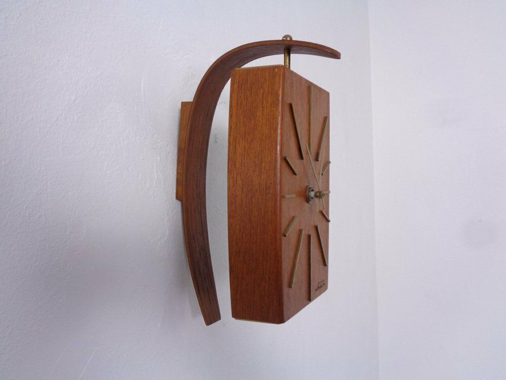 Teak & Brass Dugena Electric Wall Clock, Germany, 1960s