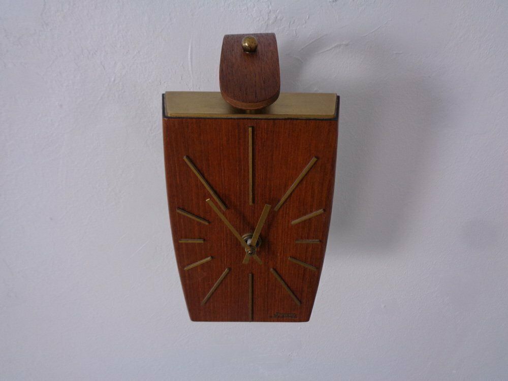 Teak & Brass Dugena Electric Wall Clock, Germany, 1960s photo Home Decor