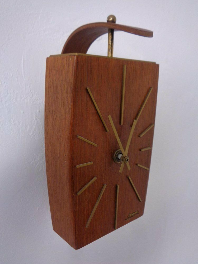 Teak & Brass Dugena Electric Wall Clock, Germany, 1960s photo vinterior