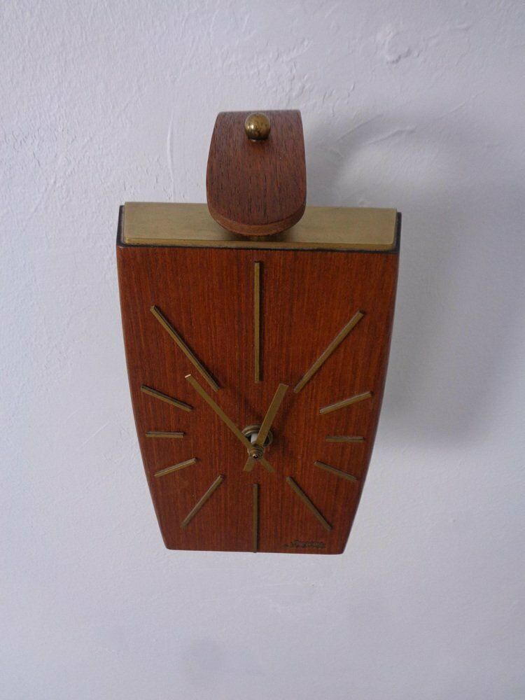 Teak & Brass Dugena Electric Wall Clock, Germany, 1960s photo buy