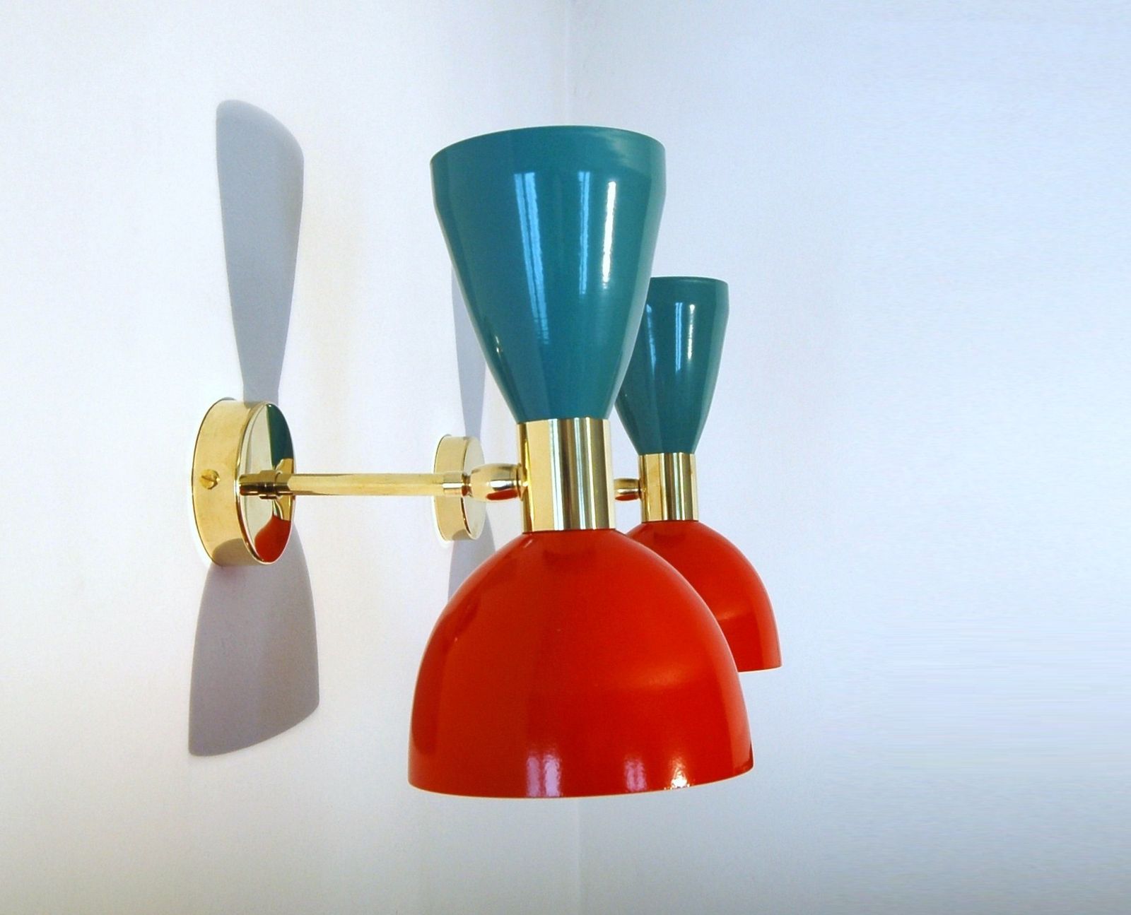 Pair Of Applique / Wall Lamp Metal And Brass Red / Green Style '50 photo furniture