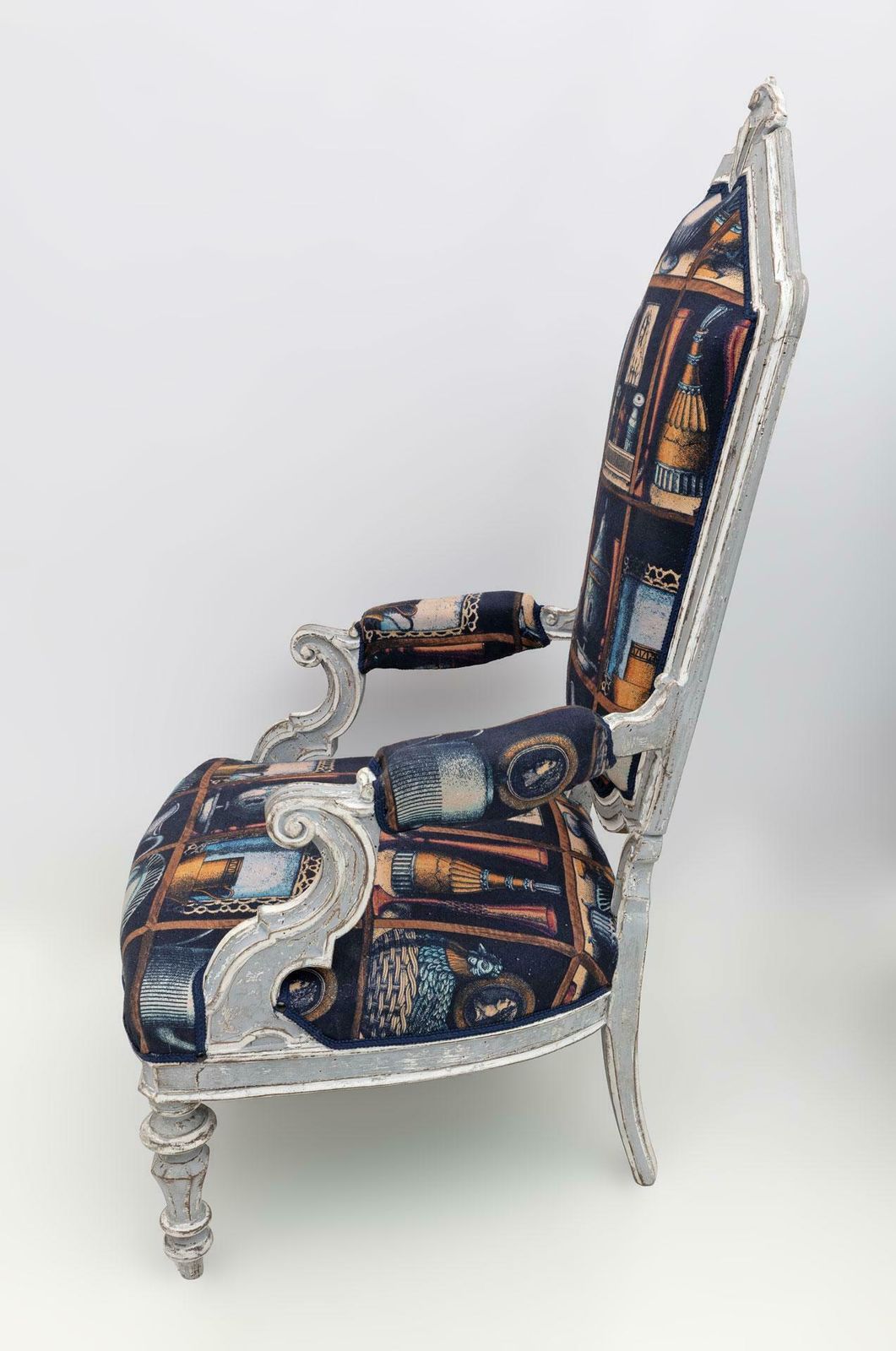 Pair Of Italian Neoclassical Armchairs With Fornasetti Linen Fabric photo vinterior