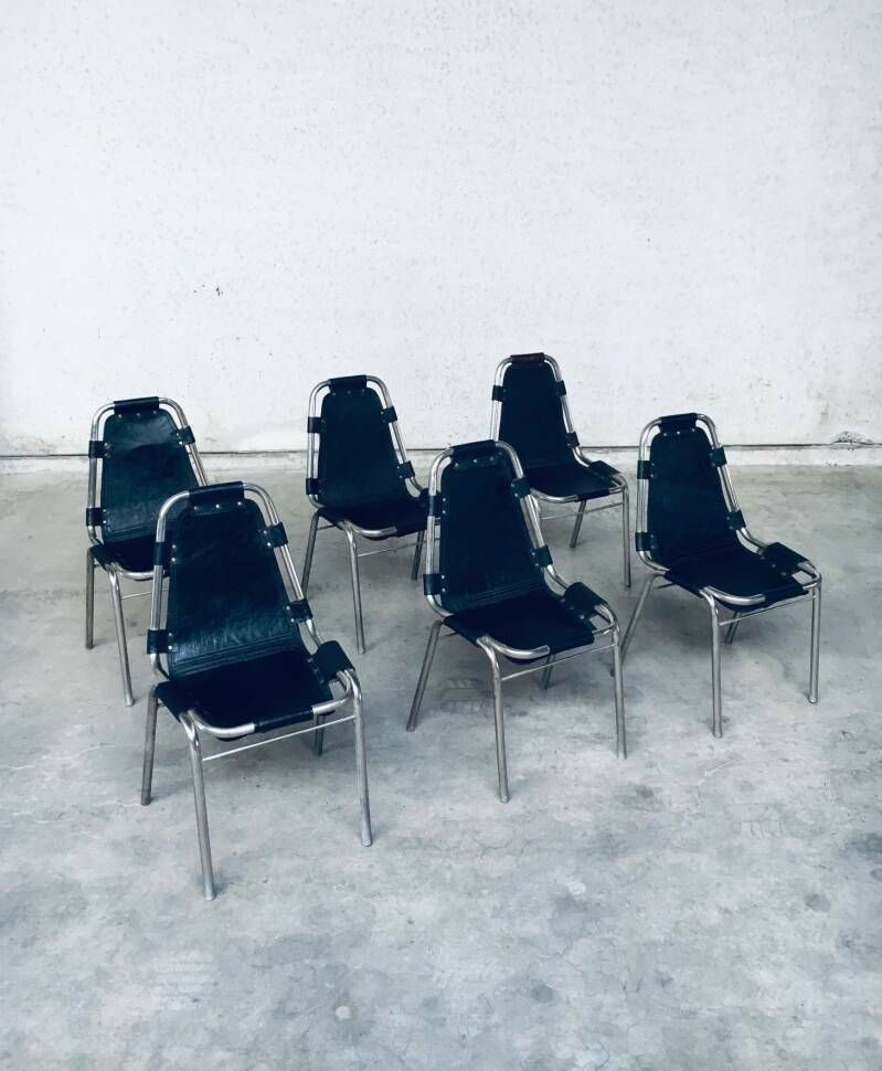 photo vintage Industrieel Design Eetkamerstoelen Van Leer En Staal, Model "Les Arcs", Jaren 1980