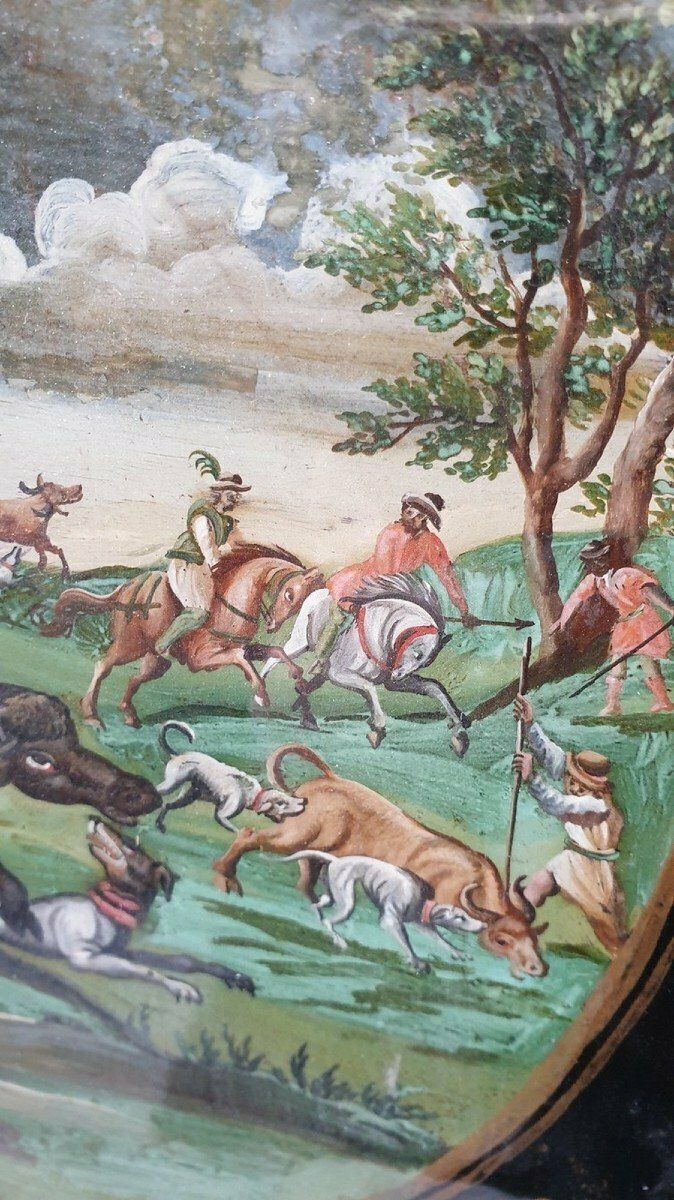 The Buffalo Hunt, Fixed Under Glass, Indo Portuguese? 18th Century photo for sale