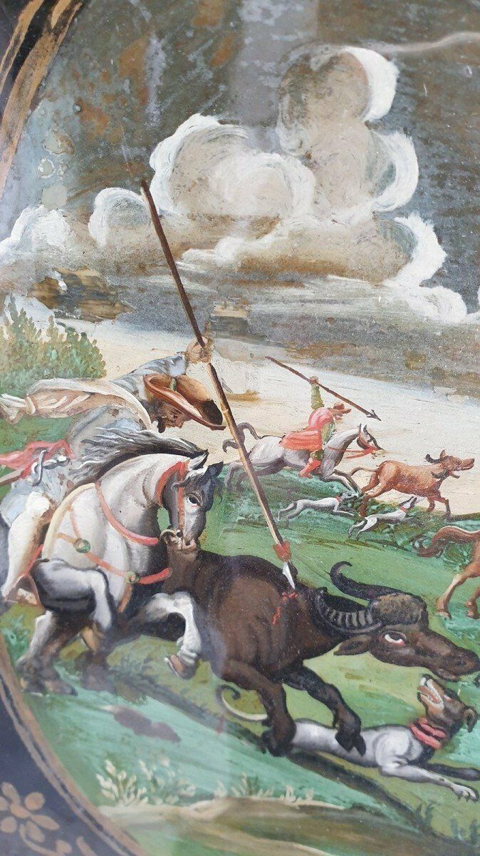 The Buffalo Hunt, Fixed Under Glass, Indo Portuguese? 18th Century photo 1550.0