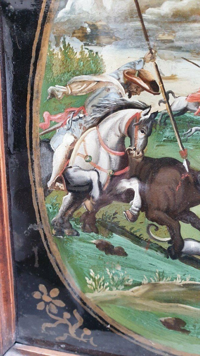 The Buffalo Hunt, Fixed Under Glass, Indo Portuguese? 18th Century photo vinterior