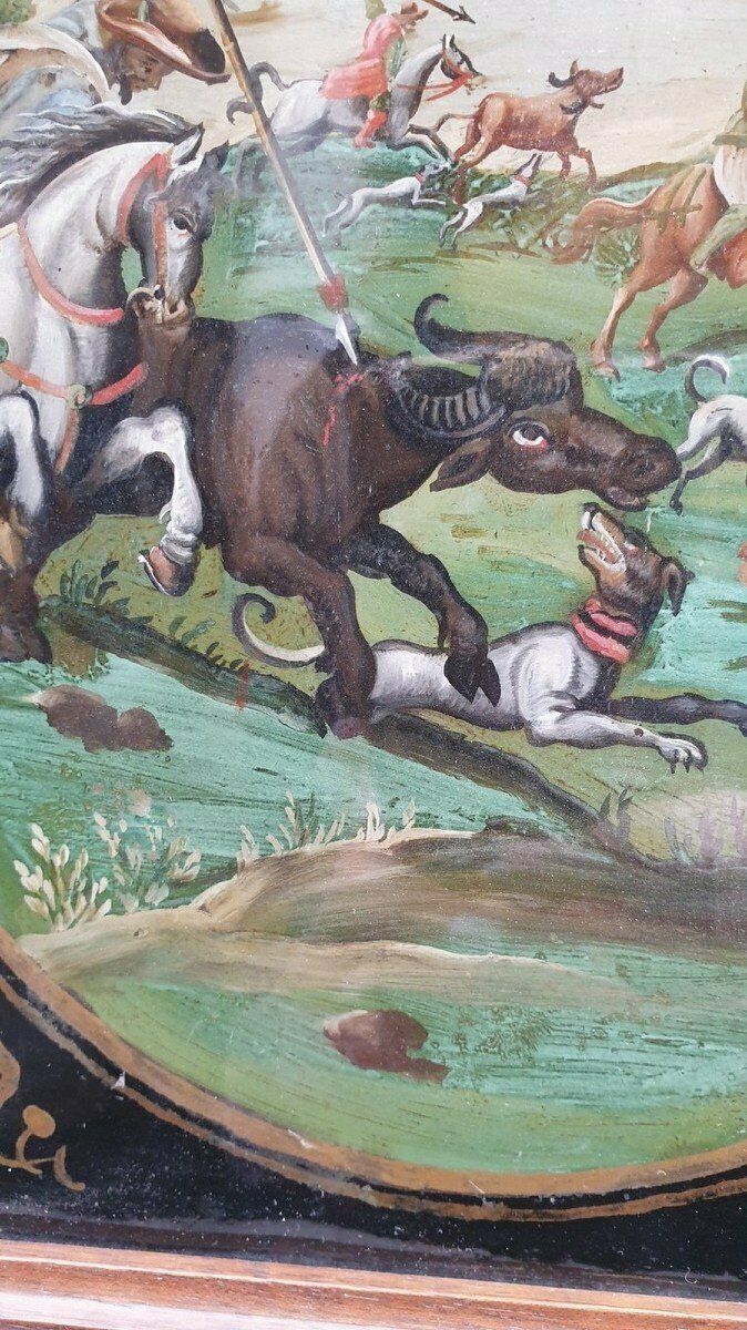 The Buffalo Hunt, Fixed Under Glass, Indo Portuguese? 18th Century photo buy