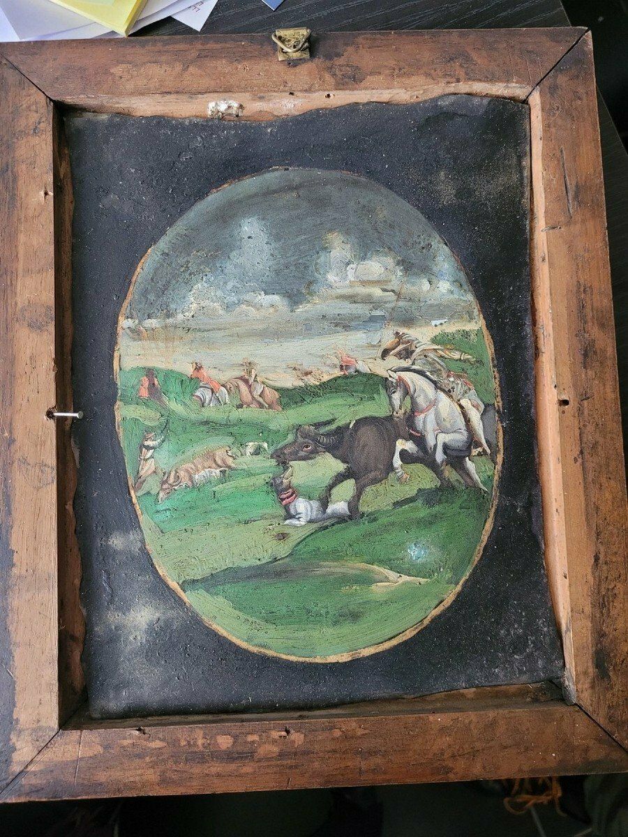 1550.0 The Buffalo Hunt, Fixed Under Glass, Indo Portuguese? 18th Century photo