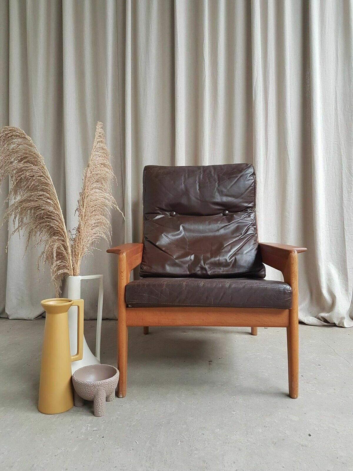 Vtg Mid Century Danish Oak Leather Lounge Arm Chair By Komfort Scandi photo furniture