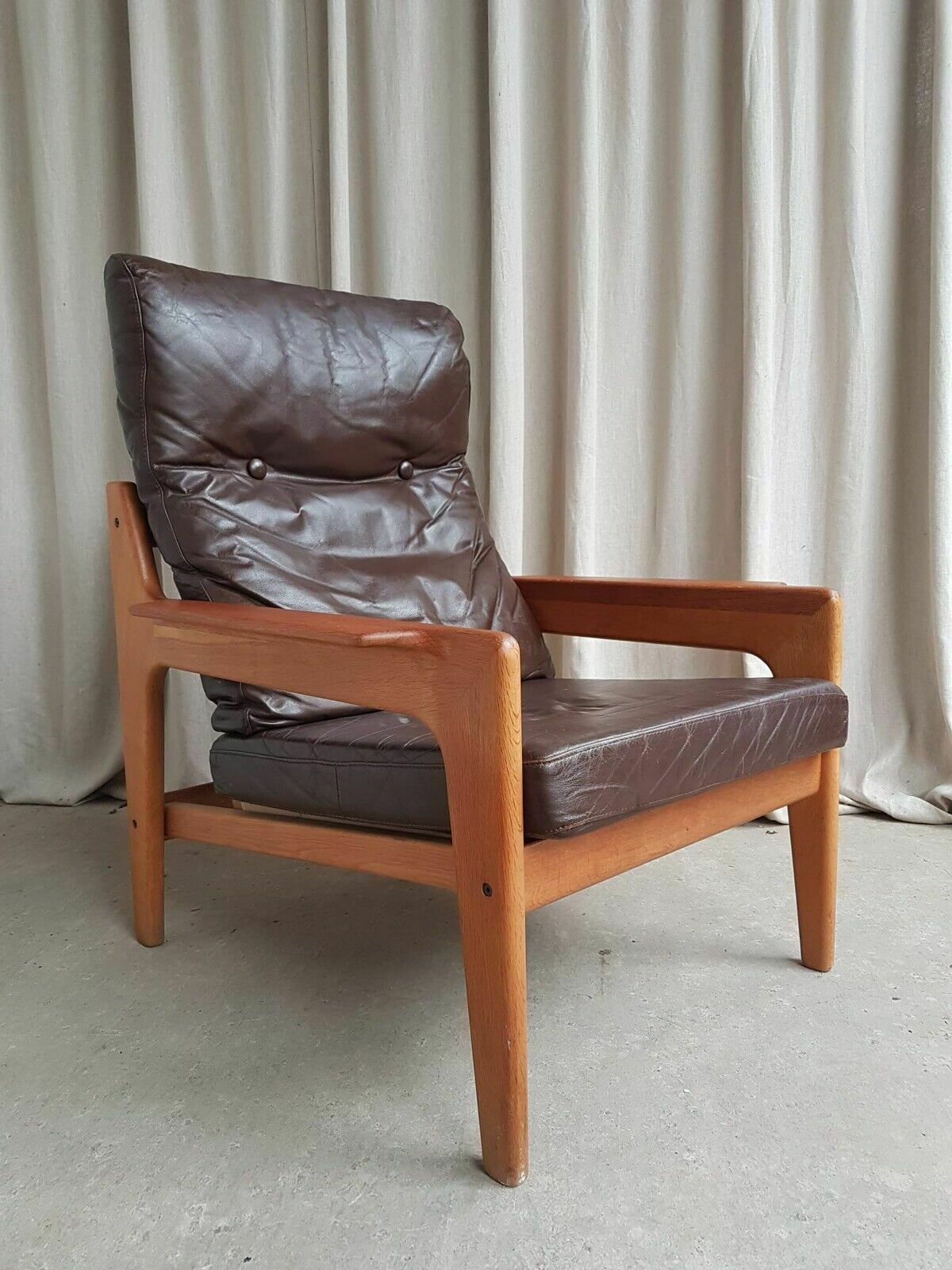 Vtg Mid Century Danish Oak Leather Lounge Arm Chair By Komfort Scandi photo Furniture