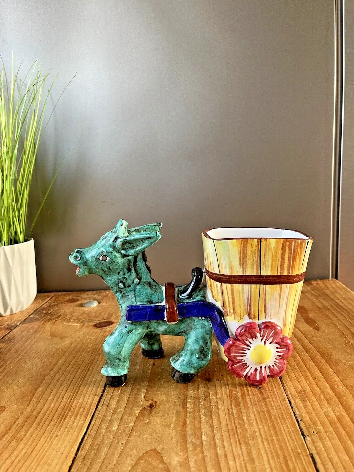 Large Mid Century 50's Italian Pottery Kitsch Donkey Cart Plant Pot Planter photo furniture