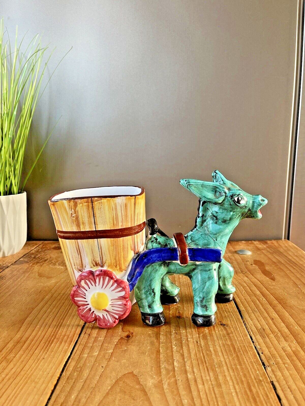 Large Mid Century 50's Italian Pottery Kitsch Donkey Cart Plant Pot Planter photo Home Decor