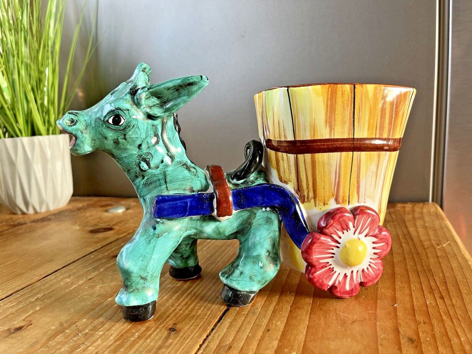 Large Mid Century 50's Italian Pottery Kitsch Donkey Cart Plant Pot Planter photo vintage