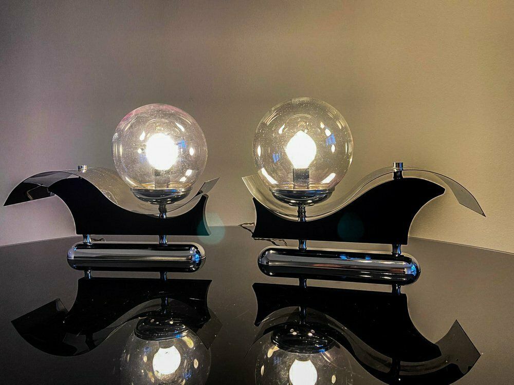 Metal And Blown Glass Wall Lamps, Italy, 1970s, Set Of 2 photo vintage