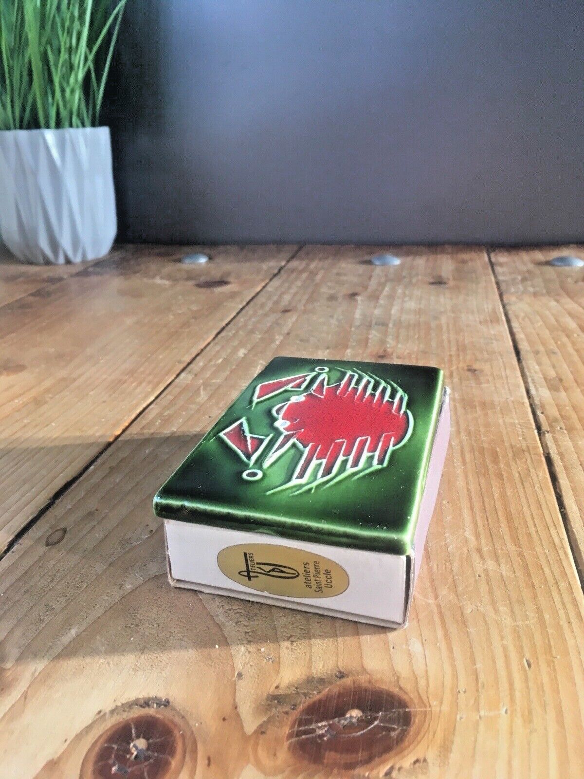 Mid Century 60s Belgian Ceramic Tubelined Tile Crab Matchbox Cover Cancer Zodiac Starsign photo vintage