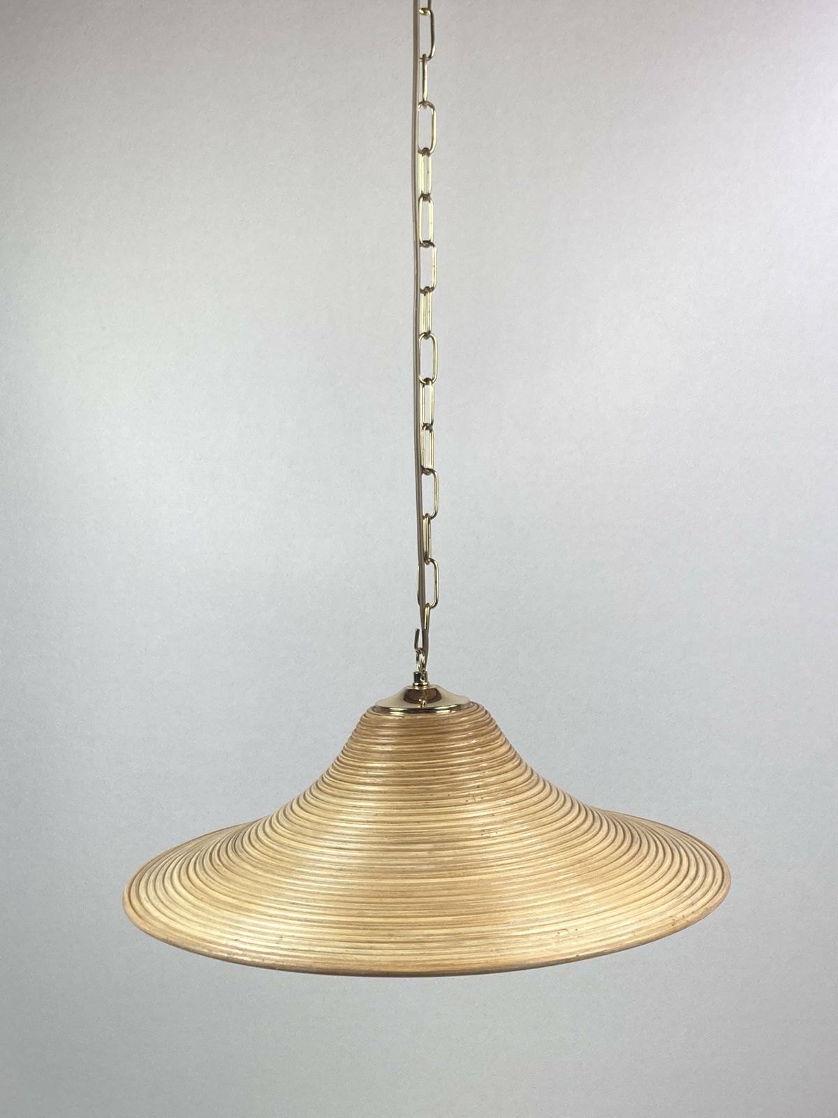 Pencil Split Reed, Rattan, Bamboo & Brass Pendant Hanging Lamp, Italy, 1970s photo for sale