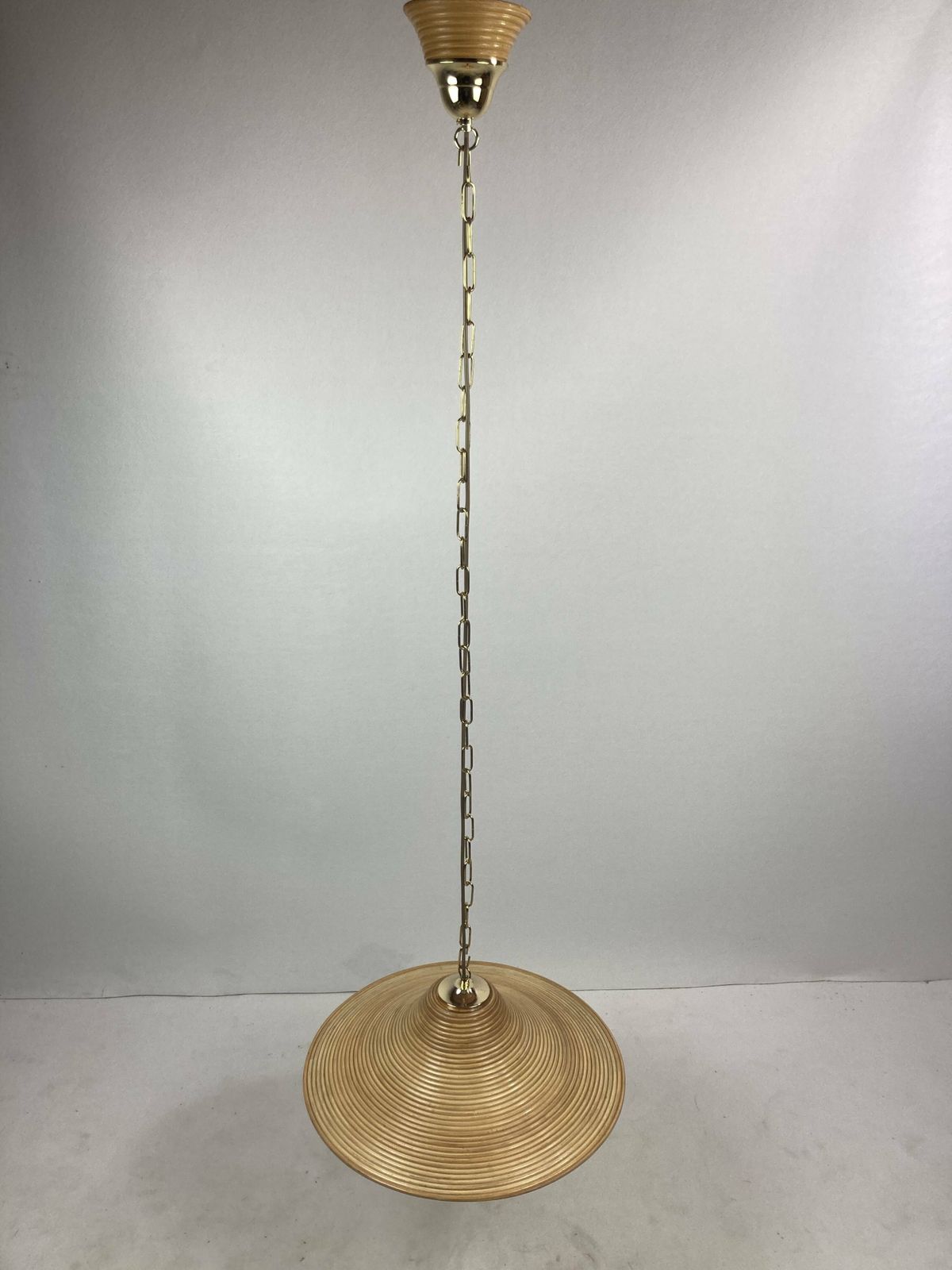 Lighting Pencil Split Reed, Rattan, Bamboo & Brass Pendant Hanging Lamp, Italy, 1970s photo