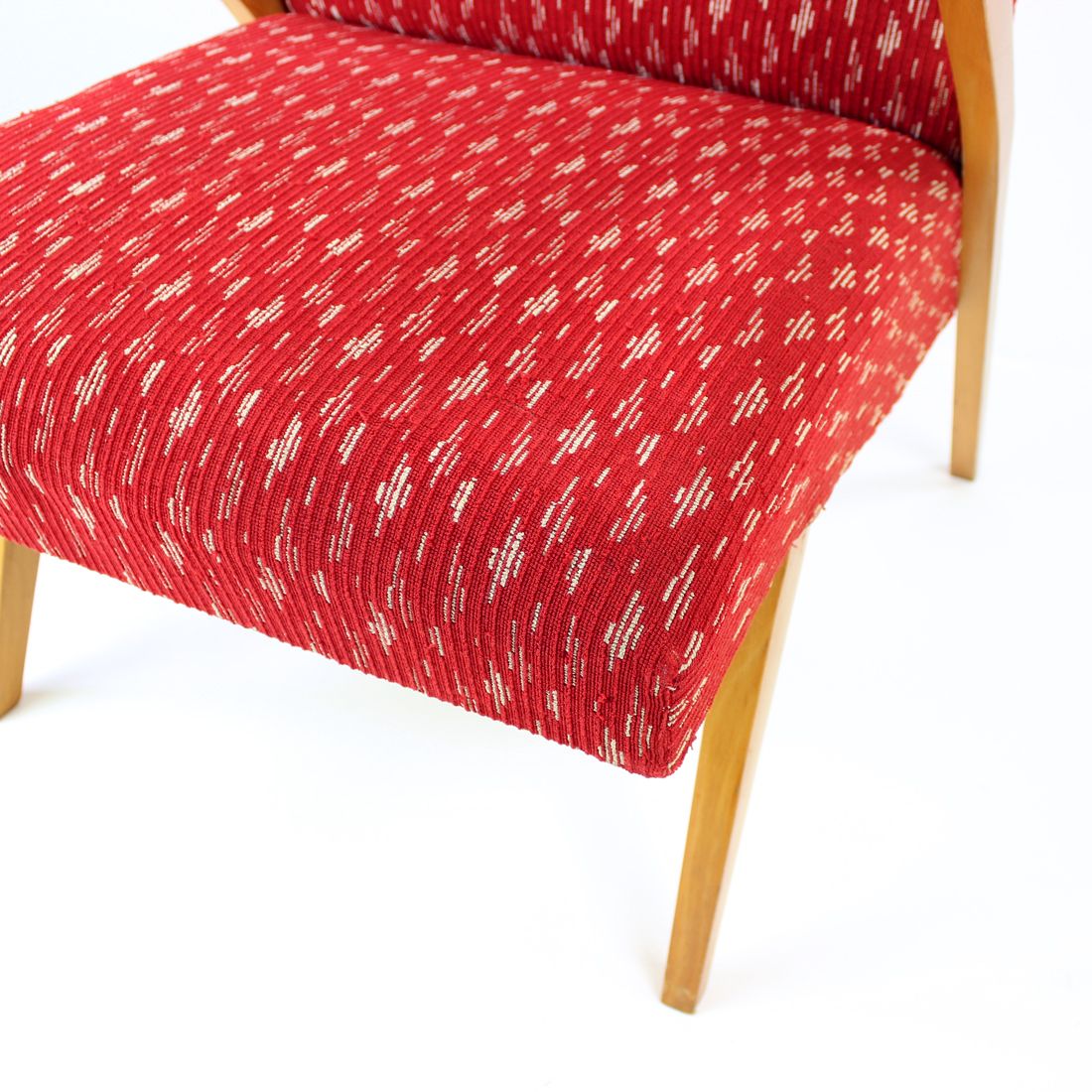 Midcentury Armchair In Original Red Fabric & Blonde Wood, Czechoslovakia 1960s photo Furniture