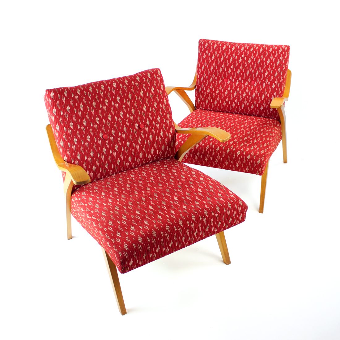 Midcentury Armchair In Original Red Fabric & Blonde Wood, Czechoslovakia 1960s photo vinterior
