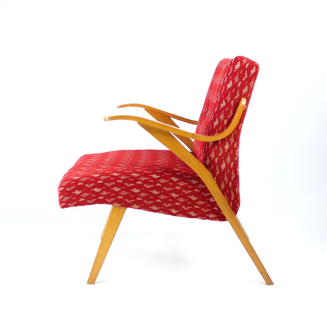 Midcentury Armchair In Original Red Fabric & Blonde Wood, Czechoslovakia 1960s
