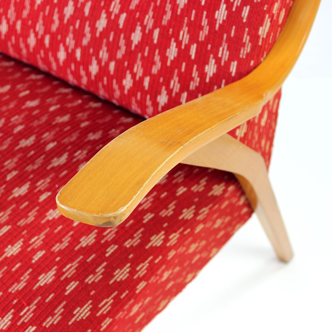 Midcentury Armchair In Original Red Fabric & Blonde Wood, Czechoslovakia 1960s photo vintage