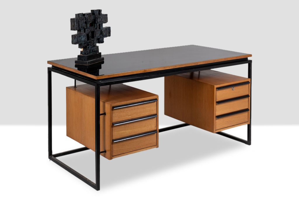 photo buy Desk In Oak And Lacquered Metal, 1970s