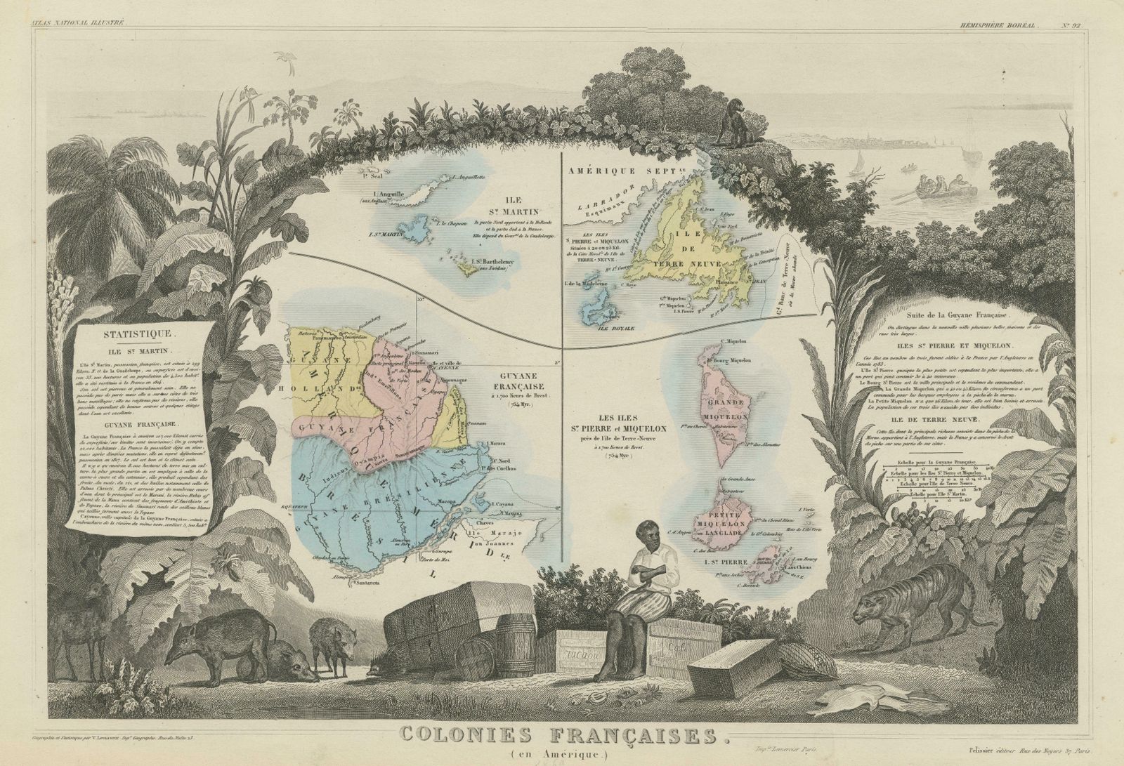 Original Steel Engraved Map Of French Colonies In America, 1854 photo for sale