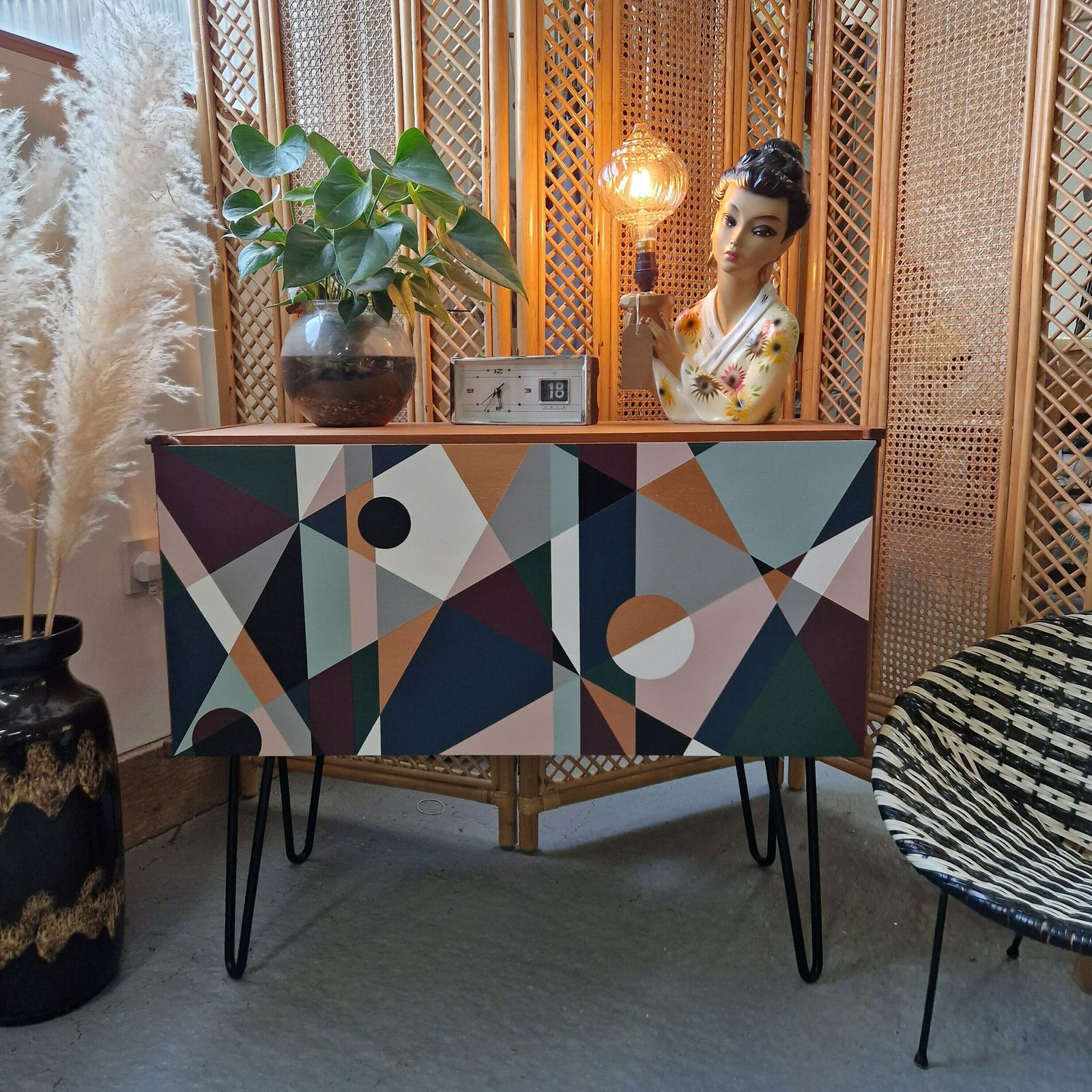 Bespoke Hand Painted Geometric Design, Mid Century Cabinet, Custom Furniture, Unique Storage Solution. photo for sale