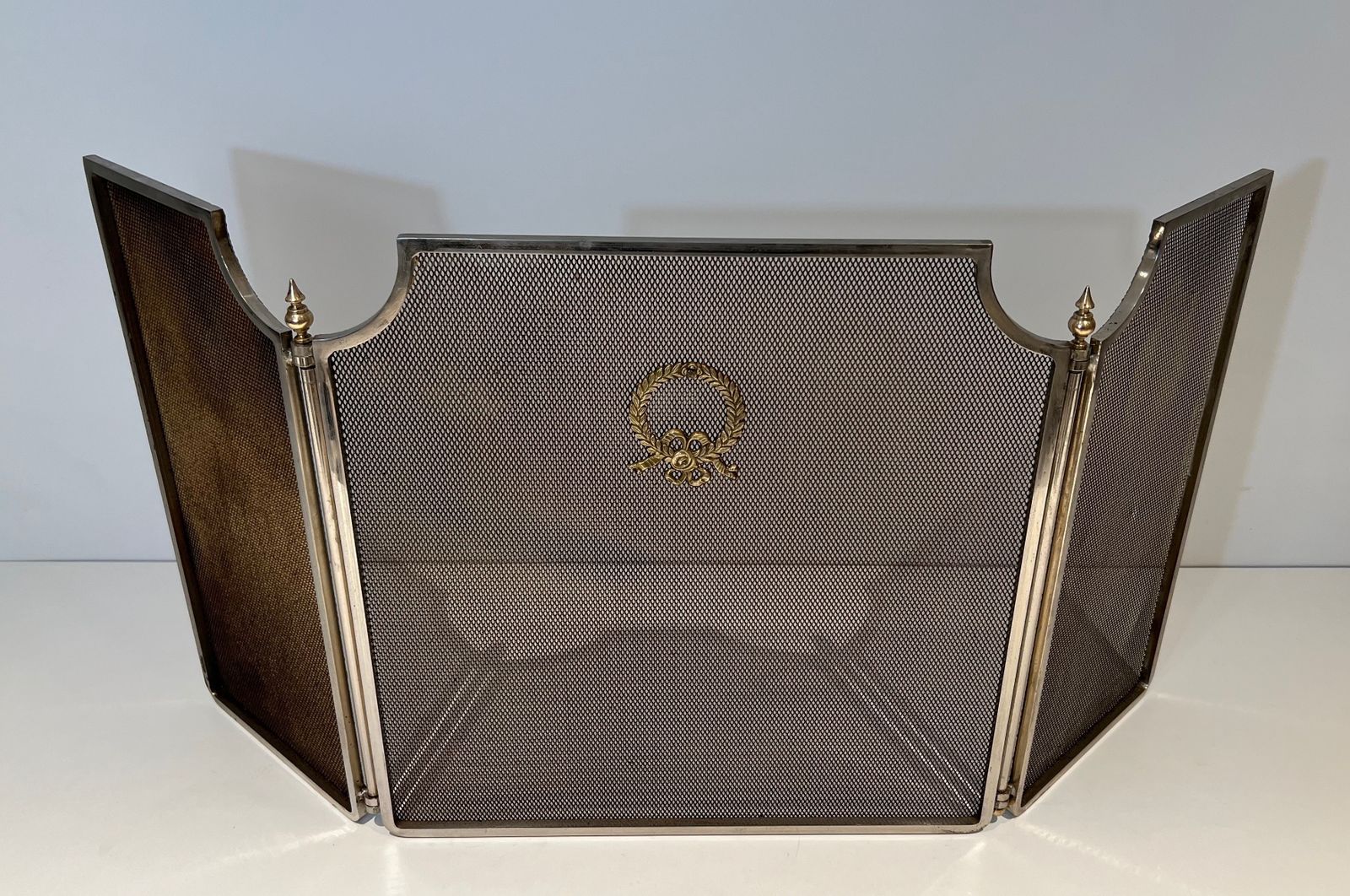 photo vintage Neoclassical Style Firewall In Steel, Brass And Wire Mesh